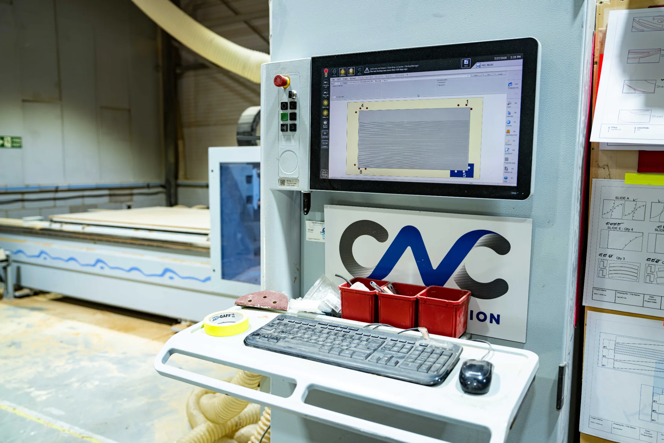 HOMAG CNC control console showing a nested cutting layout ready to run