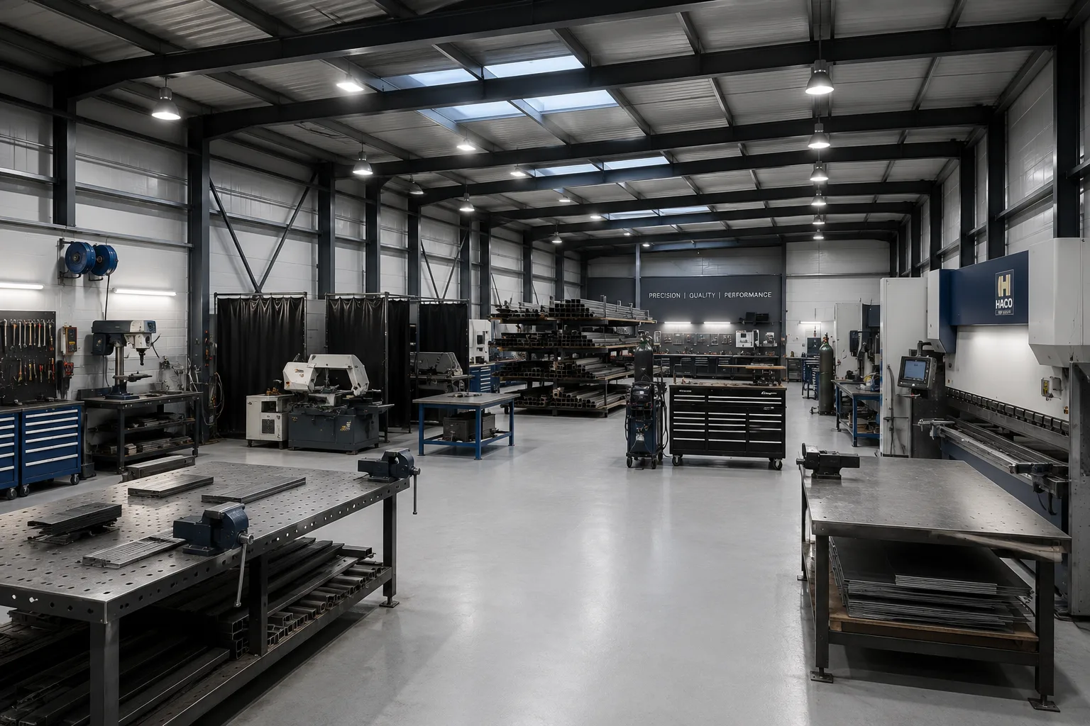 CNC Production metal fabrication workshop with welding benches, press brake and steel stock